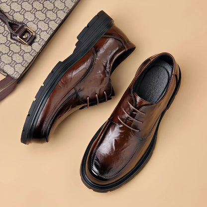 Mens Black Genuine Leather Wrinkled Lace Up Chunky Sole Formal Business Oxfords Casual Daily Wear Dress Shoes Stylish And Simple