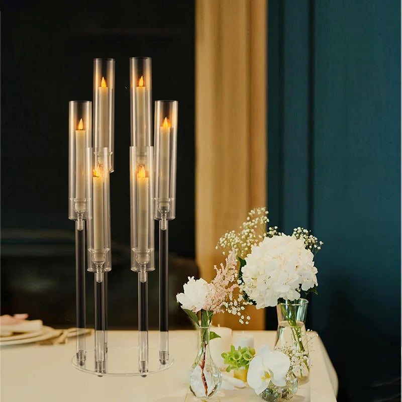 10Pcs Clear 6 Arm Candelabra Taper Candle Holder For Wedding Party Dining Table Banquet Event Decor
