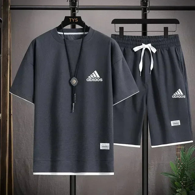 Men's casual short sleeved T-shirt and sports shorts, breathable comfortable running waffle set, summer fashion, 2026