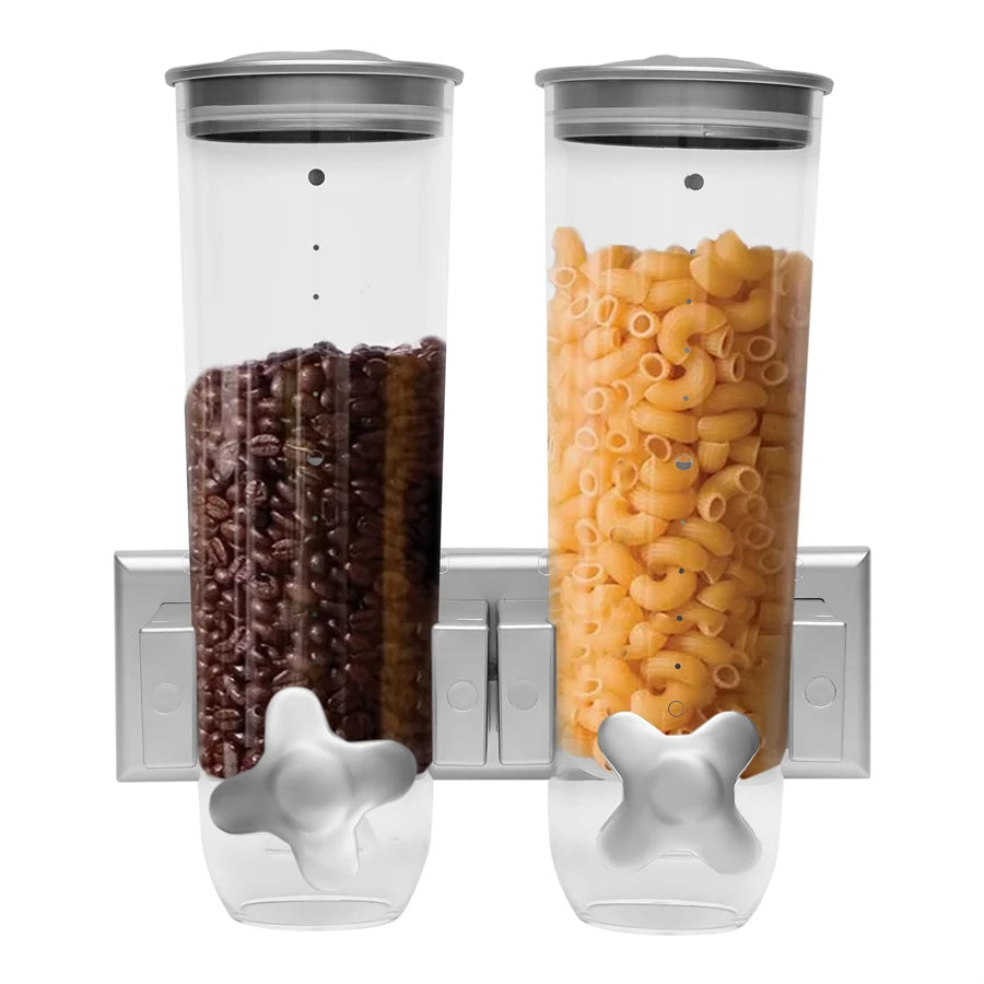 Wall-mounted 2 Barrel Cereal Dispenser, Food Grain Storage Tanks, Cereal Distributor with 2 Cups, Coffee Beans Rice Container