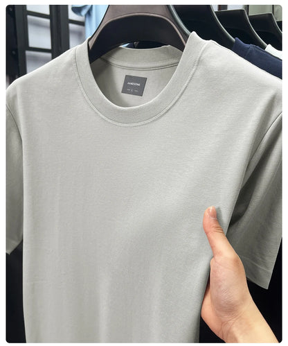 High quality luxury short sleeve T-shirt summer breathable cool silk cotton fashion solid color round neck top casual men's wear