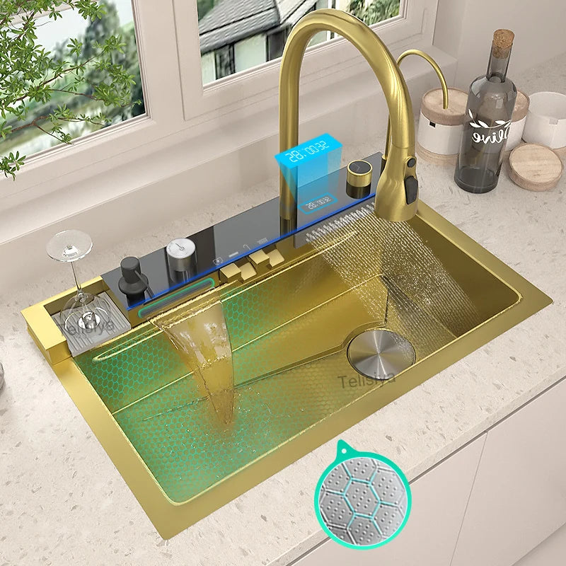 Various Waterfall kitchen Sink  Stainless Steel Multifunctional Large Single Slot Digital Display Sinks