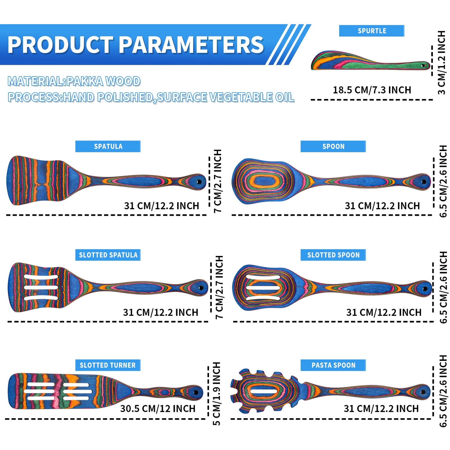 7Pcs Blue Pakkawood Wooden Cooking Utensils, Wooden Spoons For Cooking, Wooden Utensil Set.Pakkawood Utensils For Cooking.