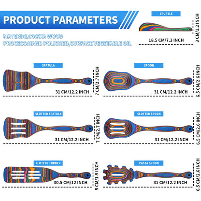 7Pcs Blue Pakkawood Wooden Cooking Utensils, Wooden Spoons For Cooking, Wooden Utensil Set.Pakkawood Utensils For Cooking.