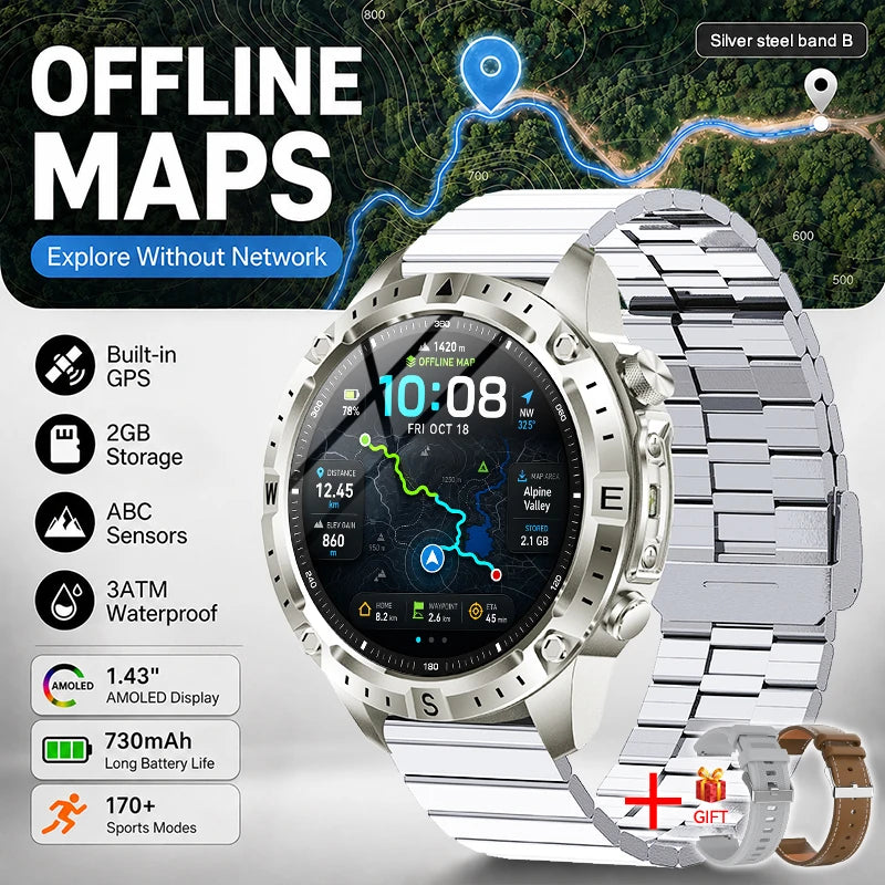 New Outdoor GPS Offline Map Smart Watch Men 3ATM Waterproof 170+ Sports LED Compass Altimeter AMOLED Bluetooth Call Smartwatch