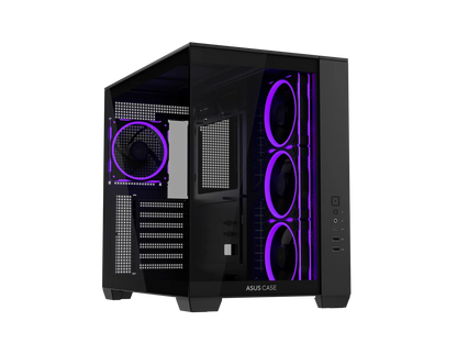 ASUS A32 PLUS Black ATX gaming PC case, support 360mm radiators and 420mm graphics cards, dual-chamber chassis for independent cooling zones, four pre-installed ARGB fans and clean cable management