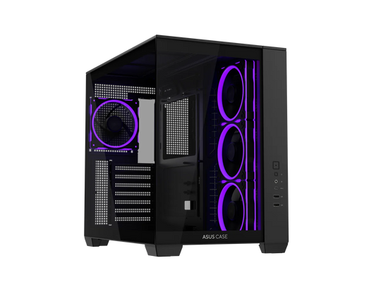 ASUS A32 PLUS Black ATX gaming PC case, support 360mm radiators and 420mm graphics cards, dual-chamber chassis for independent cooling zones, four pre-installed ARGB fans and clean cable management