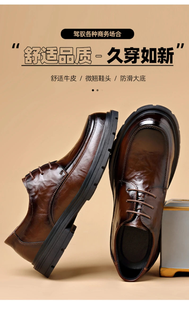 Mens Black Genuine Leather Wrinkled Lace Up Chunky Sole Formal Business Oxfords Casual Daily Wear Dress Shoes Stylish And Simple