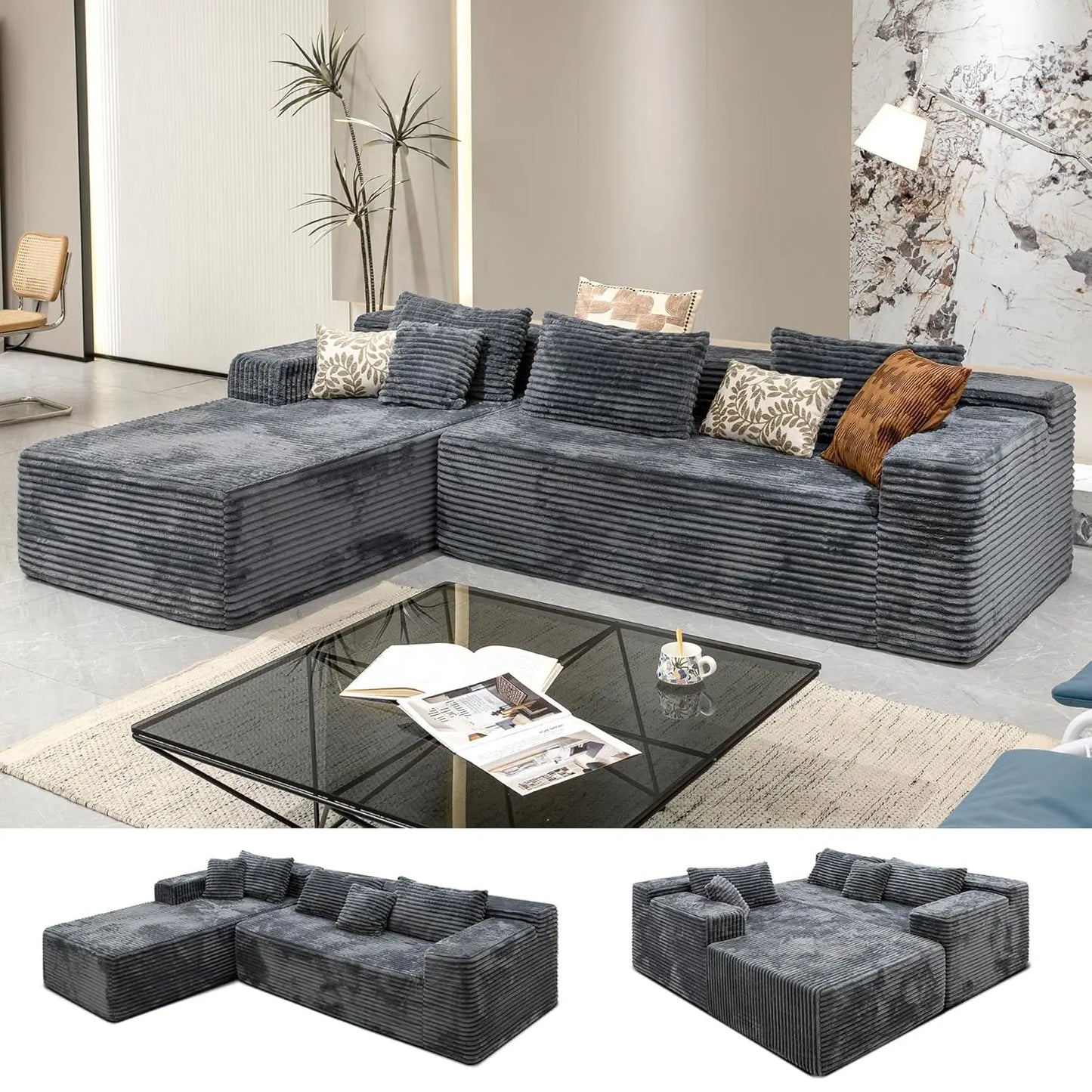 104" L-Shape Corduroy Sectional Sofa Deep Seat Chaise Living Room No Assembly Required, Custom