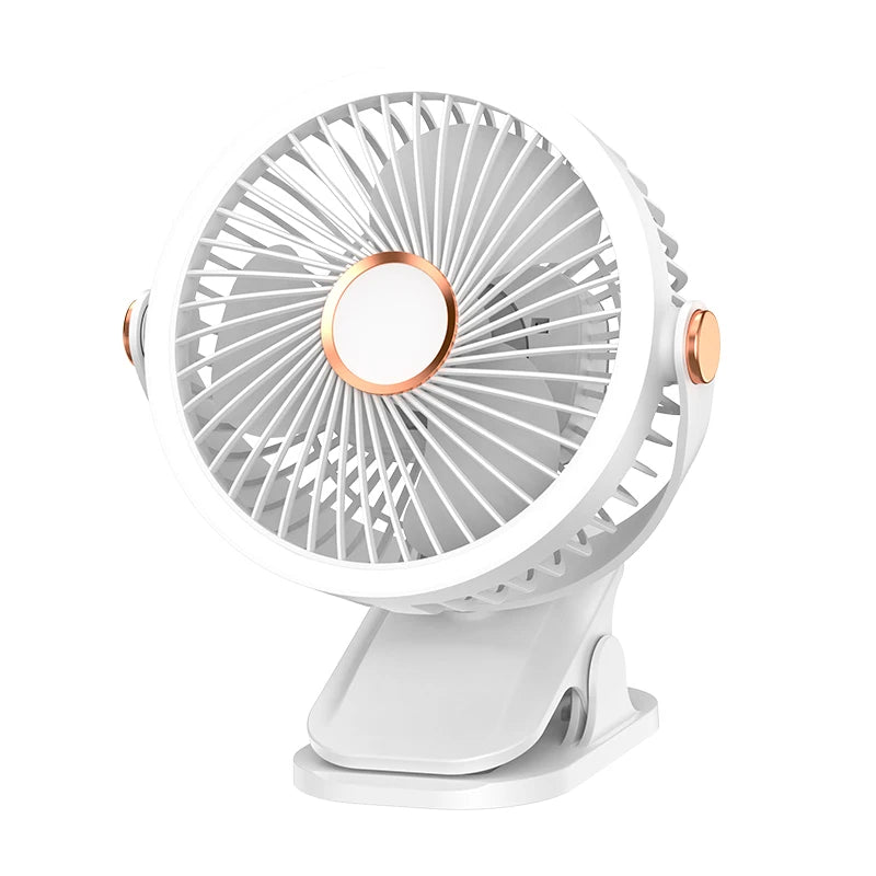 Portable Clip On Fan With LED Light, 720° Rotation Mini USB Rechargeable Fan, 5 Speed Quiet Cooling Fan For Home Office Camping