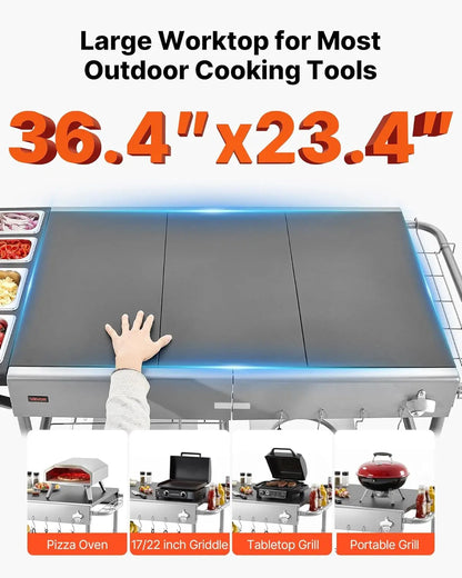 Outdoor Grill Cart with Wheels, 36.4x23.4 Inch Tabletop, Movable BBQ Prep Table for Picnic Kitchen Courtyard