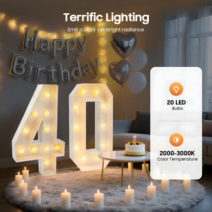 40 Light Up Numbers Battery Powered Warm White LED Big Birthday Anniversary Decor for Party Backdrop Indoor 39.37 Inch