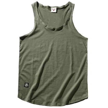 2023 Summer New American Retro Sleeveless O-neck Solid T-shirt Men's Fashion 100% Cotton Washed Old Casual Sports Vest Tops