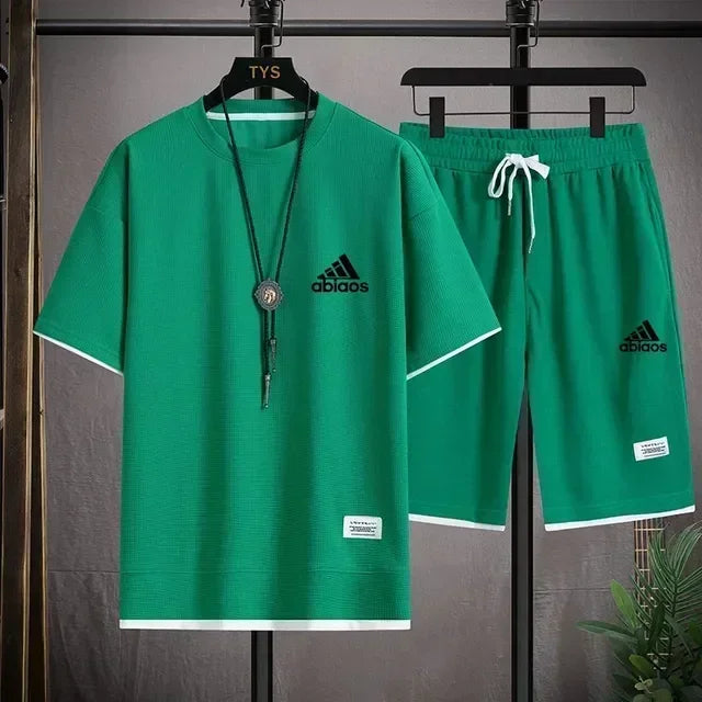 Men's casual short sleeved T-shirt and sports shorts, breathable comfortable running waffle set, summer fashion, 2026