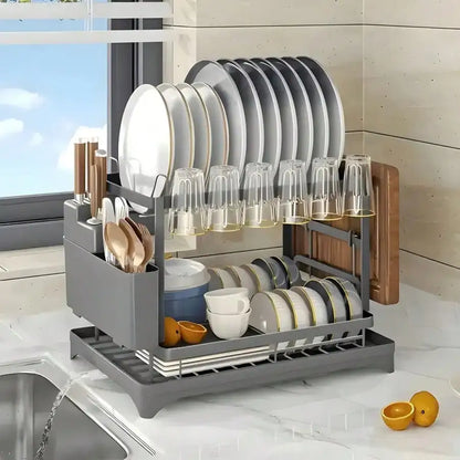 Stozle Double-Layer Dish Drying Rack For Kitchen Countertops, With Drainer Tray, Dish Drying Rack, Kitchen Organization And Stor