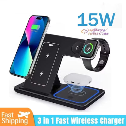 15W 3 in 1 Wireless Charger Stand Pad Foldable Fast Charging Station Dock For iPhone17 16 15 14 13 12 11 X 8 Apple Watch Airpods