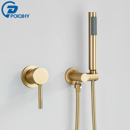 Brushed Gold Handheld Shower Bathroom Shower Faucet Hot & Cold Water Tap Brass Shower Holder 1.5M Hose Brass Shower Valve