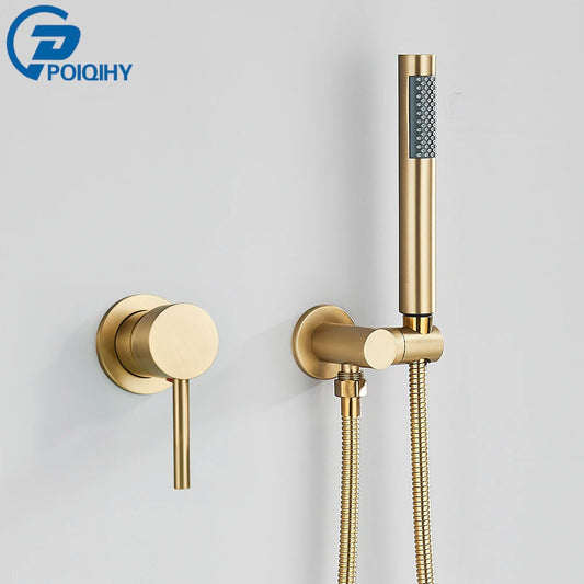 Brushed Gold Handheld Shower Bathroom Shower Faucet Hot & Cold Water Tap Brass Shower Holder 1.5M Hose Brass Shower Valve