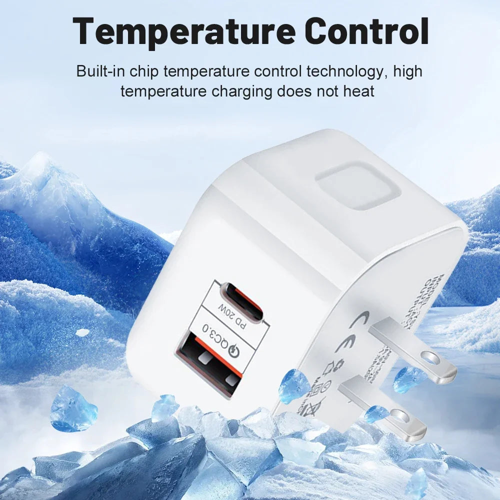 1Pcs 20W Dual Ports Wall Charger Type-C USB C PD Phone Fast Charger Super Quick Charging Power Adapters EU/US/UK Plug For iPhone