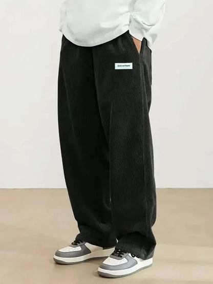 Autumn Mens Corduroy Casual Pants Fashion Loose Fit Pants Straight Sweatpants Elastic Waist Drawstring Outdoor Streetwear