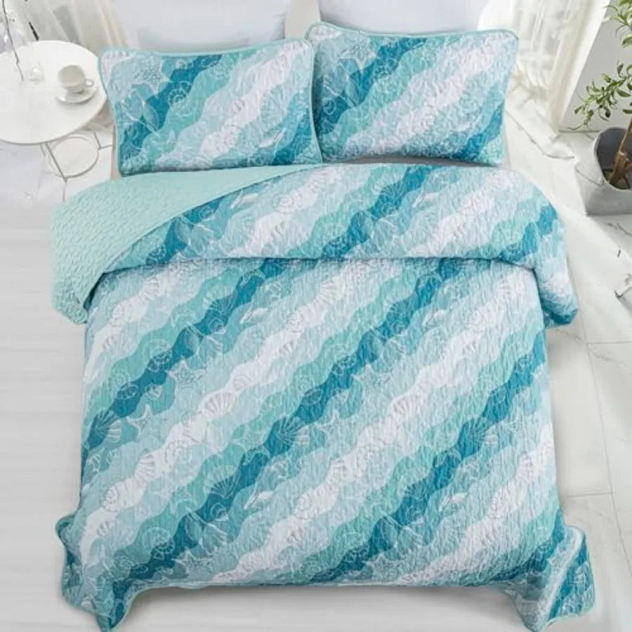 Summer Quilt Set Size Ocean Beach Themed Bedding Set Seawave Seashell Conch Starfish Microfiber Lightweight Bedspread Coverlet