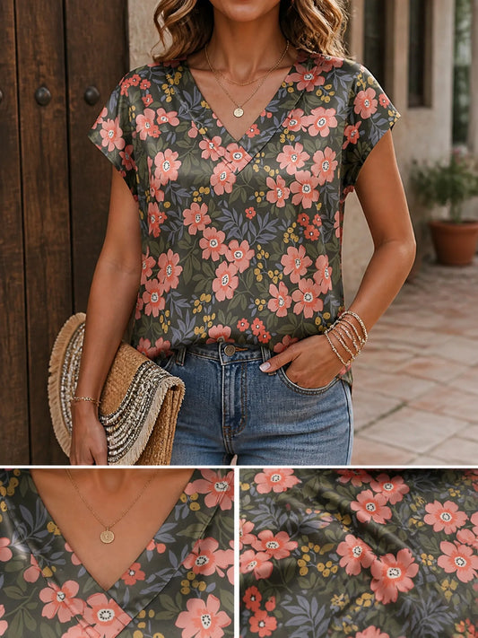 Women's Satin V-neck Tropical Floral Print Short-Sleeve Summer Shirt Casual Street Fashion T-Shirt New Beachwear