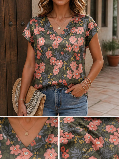 Women's Satin V-neck Tropical Floral Print Short-Sleeve Summer Shirt Casual Street Fashion T-Shirt New Beachwear