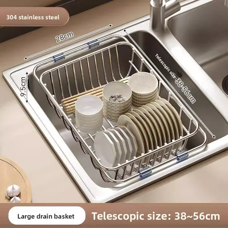 Telescopic Stainless Steel Sink Drain Basket Dishwashing Rack Kitchen Storage Organizer for Utensils and Dishes