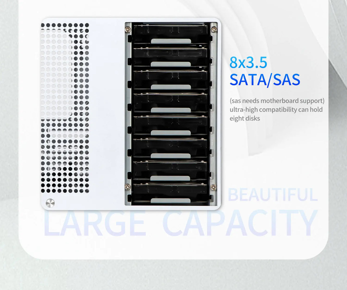 Sagittarius 8-bay NAS Computer Chassis with ATX Power Supply, MATX Motherboard, Full-height PCIE, 21.8L