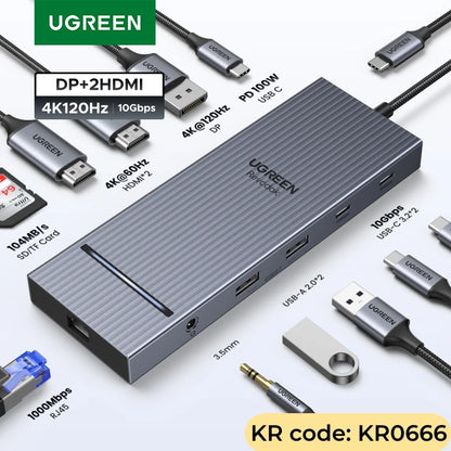 UGREEN 12-in-1 USB HUB Type-C to 2HDMI 4K120Hz DP USB3.2 10Gbps SD/TF RJ45 PD100W for MacBook Dell HP Laptop Accessories Docking