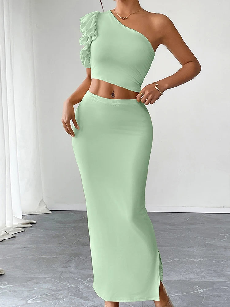 Women's Tank Maxi Skirt Summer New Two Piece Beach Party Casual Slim Tank Skirt Piece Solid Sexy Elegant Female Knitted Clothing