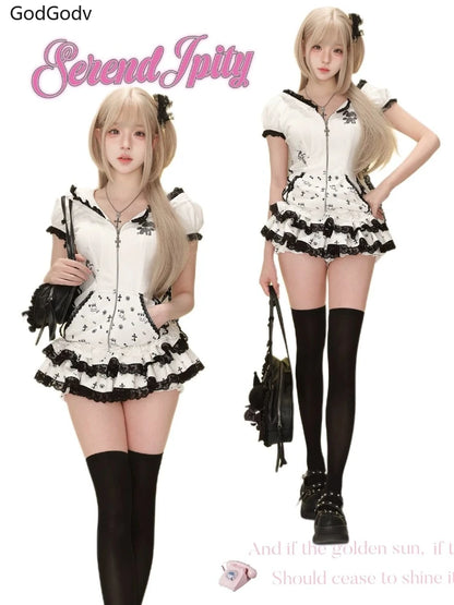 Summer Sweet Preppy Style 2 Piece Sets Women Y2k Kawaii Lolita Design Tops + High Waist Chic Skirt Female Princess Retro Outfits