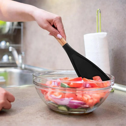 Wooden Handle Silicone Utensils - Non-Stick Kitchen Tools with Storage Caddy, Cooking Spoon & Spatula Set