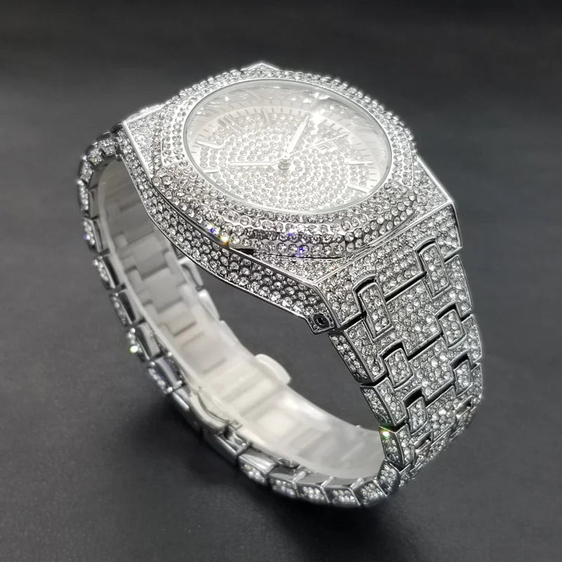 New Arab Number Brand Watch For Men Luxury Fully Diamond Bling Mens Quartz Watches Fashion Iced Out Silver Waterproof Male Clock