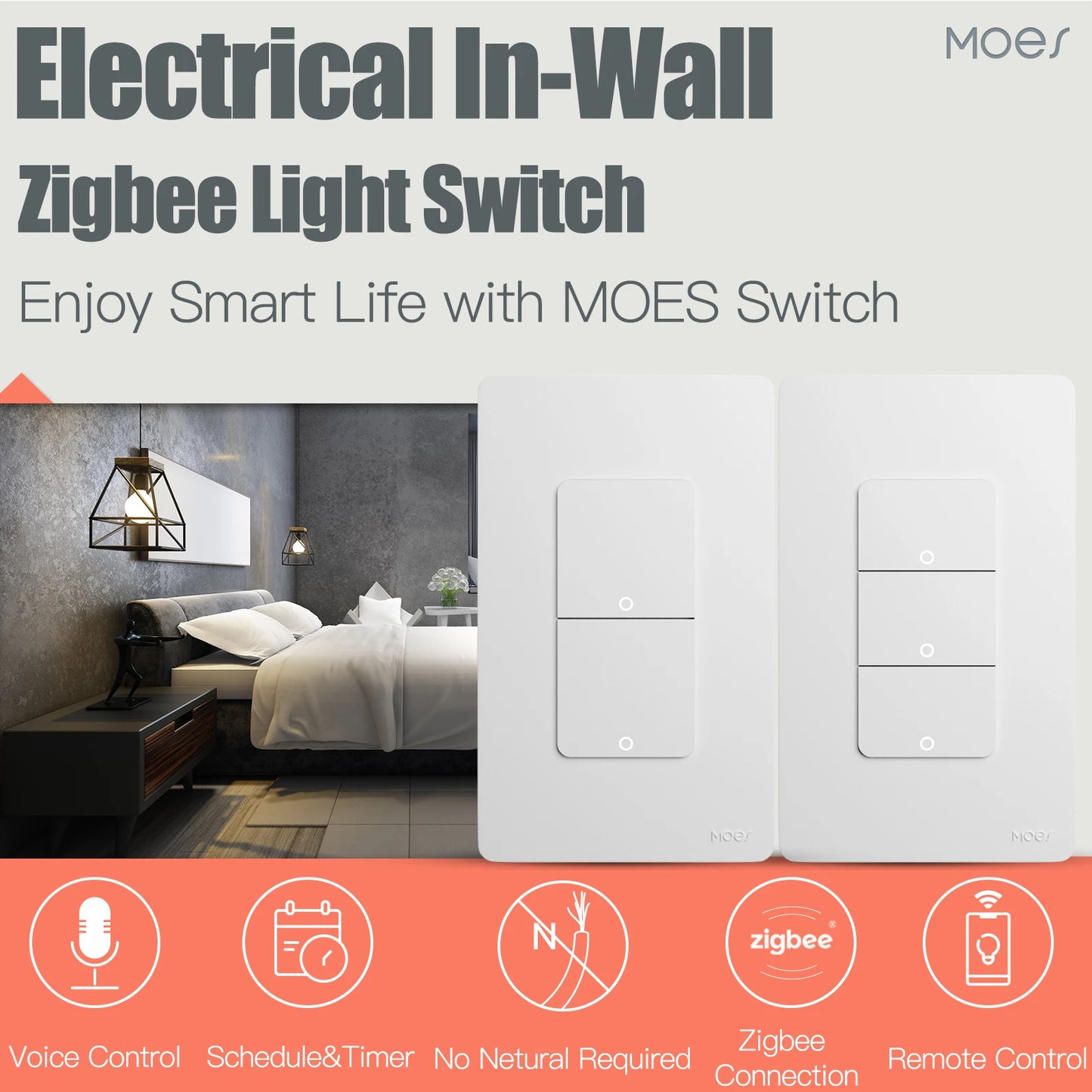 MOES Tuya ZigBee Smart Light Switch US Push Button Wall Switch Work With Alexa Google Home Neutral Wire/No Neutral Wire Required