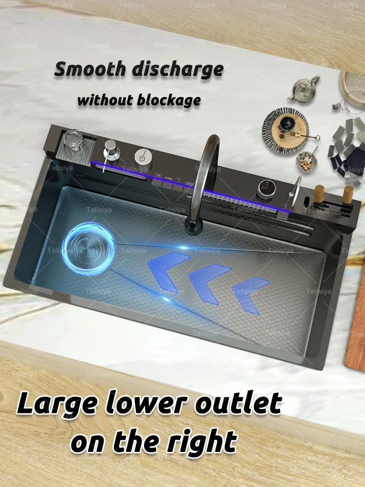 Various Waterfall kitchen Sink  Stainless Steel Multifunctional Large Single Slot Digital Display Sinks