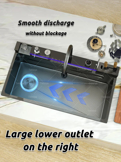 Various Waterfall kitchen Sink  Stainless Steel Multifunctional Large Single Slot Digital Display Sinks