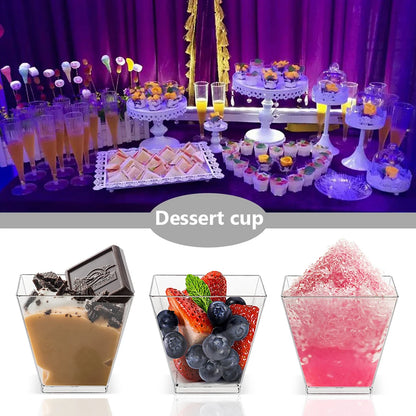 60ml Dessert Bowl with Spoon Set Square Mini Dessert Cups Disposable Supplies Reusable Accessories for Tasting Pudding Yogurt