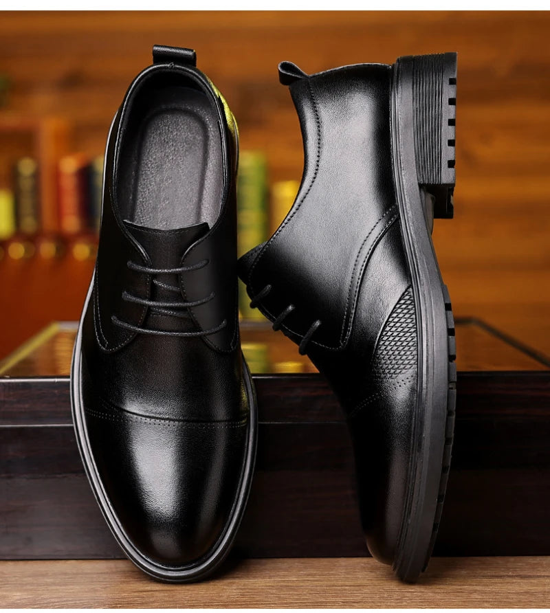 Mens Black Genuine Leather Textured Lace Up Chunky Sole Oxfords Formal Business Office Groom Wedding Daily Wear Shoes Fashion