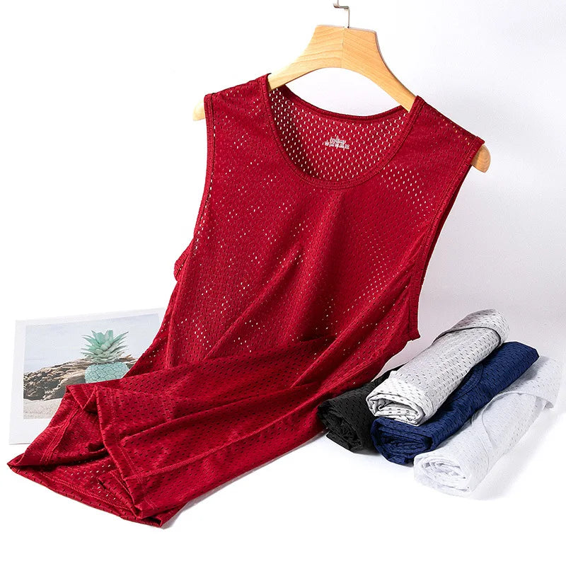 Men's Ice Silk Mesh Tank Tops Man Gym Stringer Transparent Bodybuilding Sleeveless Shirt Fitness Vest Male Muscle Singlets L-5XL