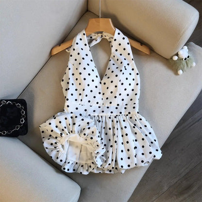 Backless Sexy Halter Beach Babydoll Crop Tops Women Polka Dots V Neck Sleeveless T Shirt Ruffles Basic Tees Not-Padded Pad