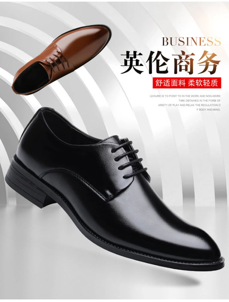Mens Breathable Leather Dress Shoes Formal Business Footwear Pointed Toe Lace Up Flat Sole Groom Wedding Shoes Simple Leisure