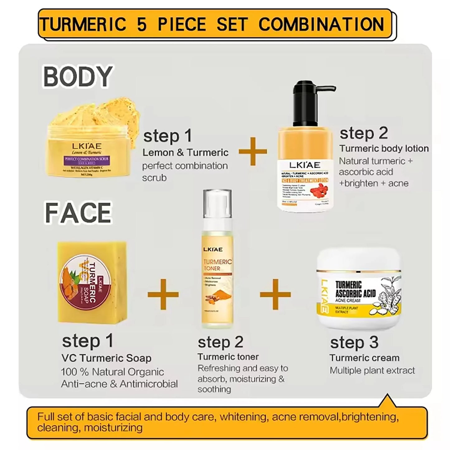 AILKE Organic Turmeric Skin Care Set, Brighten, Cleaning Skin, Remove Acne,Pimples, Whitening, Even Skin Tone, Improve Dry Skin