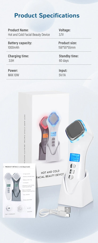 Hot & Cold Face Beauty Device with Red Blue Light Sonic Vibration Deep Cleansing Anti Aging Facial Lifting Massager for Home Use