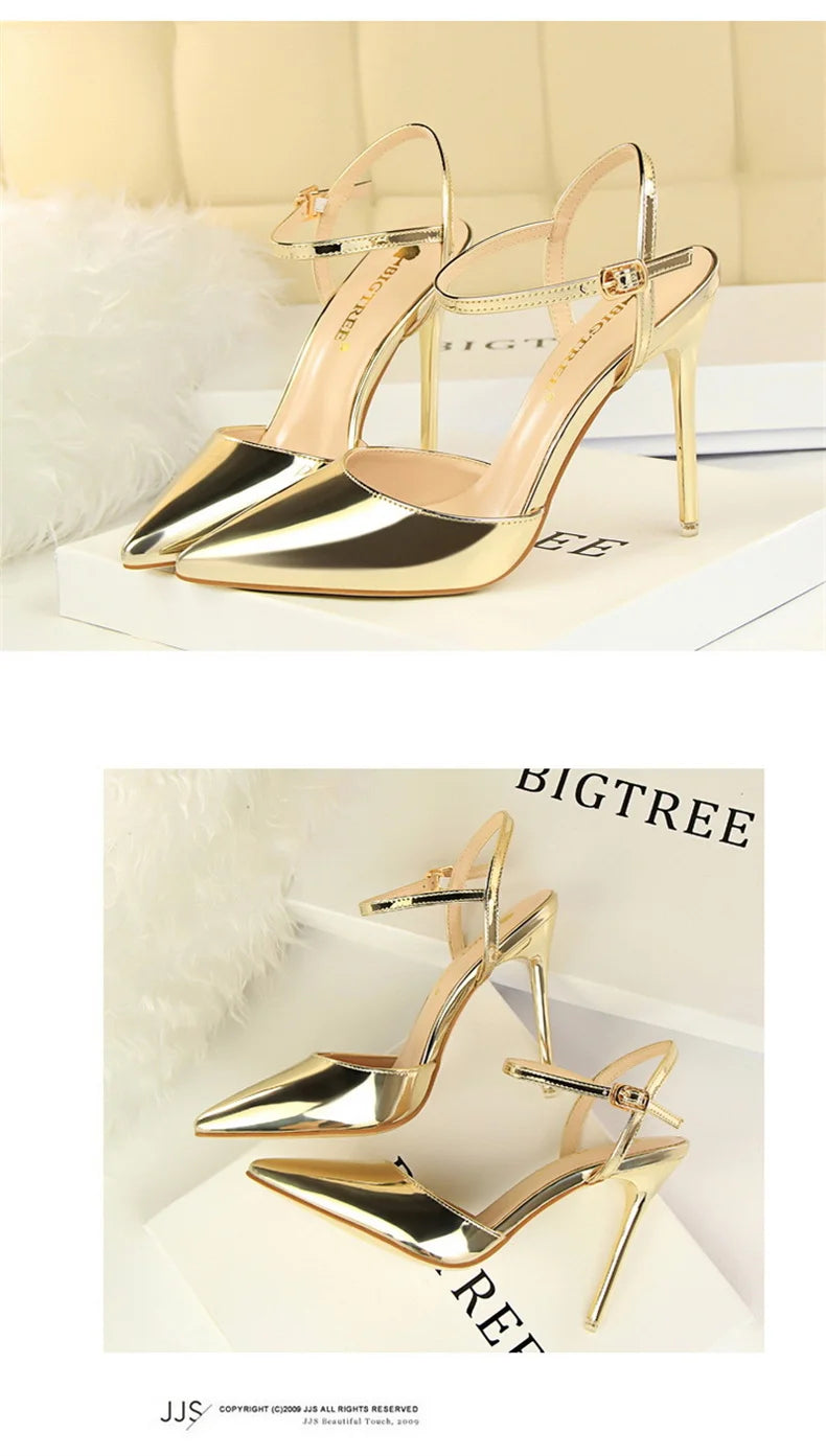 Women High Heels Sandals Metallic Gray Patent Leather Stripper Ankle Strap Wedding Nightclub Pointed Toe Party Valentine 86-1