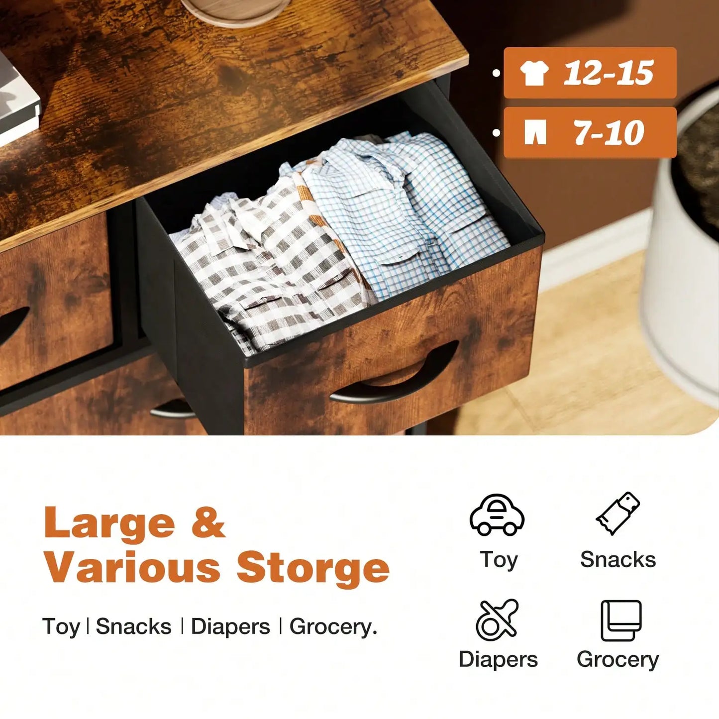 Tall 9 Fabric Clothes Cabinet Storage Organizers And Wood Top Surface Table Chest ,9 Drawer Dresser,Fabric Storage Tower For Bedroom, Hallway, Entryway, Closet, Tall Chest Organizer Unit With Fabric Bins, Steel Frame, , Easy