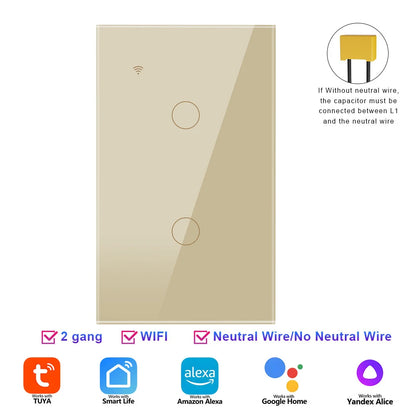 Smart WiFi Switch Single Neutral Wire Universal Touch Control Tuya APP Alexa Google Home Compatible Gold Gray