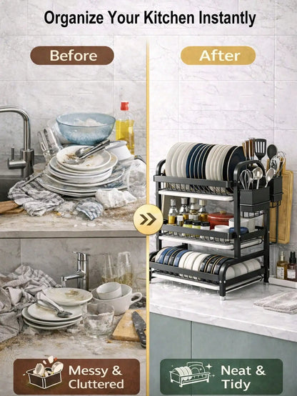 3-Tier Dish Drying Rack, Large Capacity Dish Drainer Rack With Removable Drain Tray, Kitchen Countertop Organizer For Plates Bow