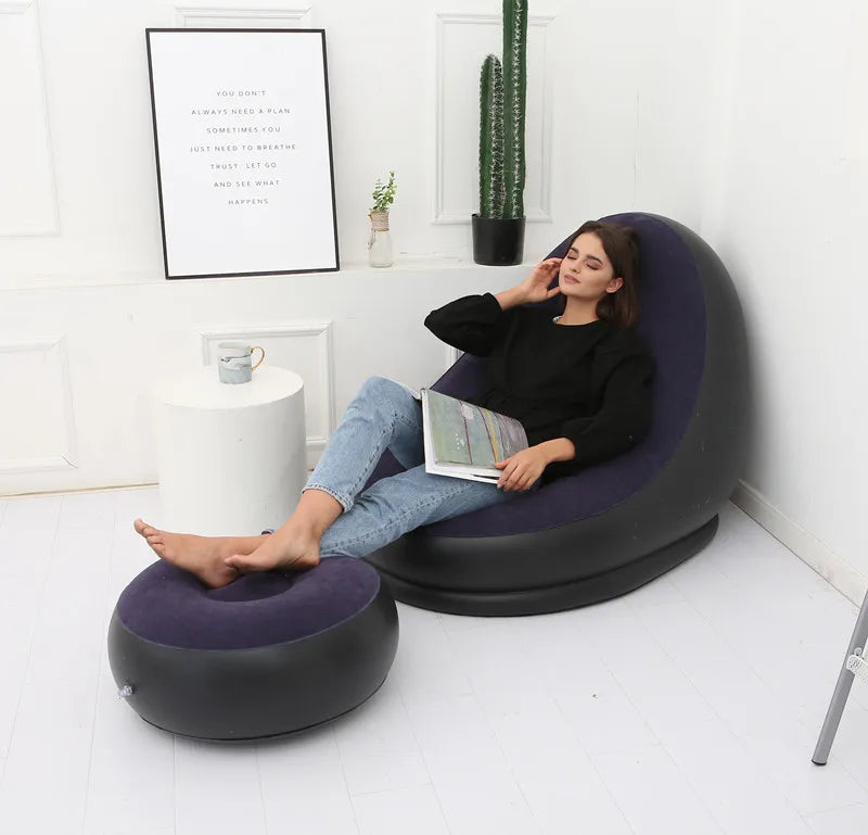 OTAUTAU Inflatable Lounger with Footstool Ottoman Chaise Lounge Recliner Outdoor Portable Camping Couch Garden Chair Pouf SF029