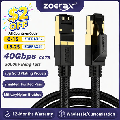 ZoeRax Cat8 Ethernet Cable 0.3-30M 40Gbps 2000MHz RJ45 CAT8 Network Nylon Braided Internet Lan Cord for Laptop PS 5/4 Router